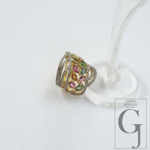 Natural Multi Tourmaline Ring With Rosecut Pave Diamonds - Vermeil Gold In 925 Sterling Silver Handmade Jewelry For Her