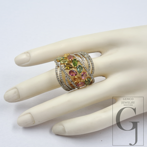 Natural Multi Tourmaline Ring With Rosecut Pave Diamonds - Vermeil Gold In 925 Sterling Silver Handmade Jewelry For Her