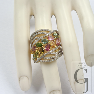 Natural Multi Tourmaline Ring With Rosecut Pave Diamonds - Vermeil Gold In 925 Sterling Silver Handmade Jewelry For Her