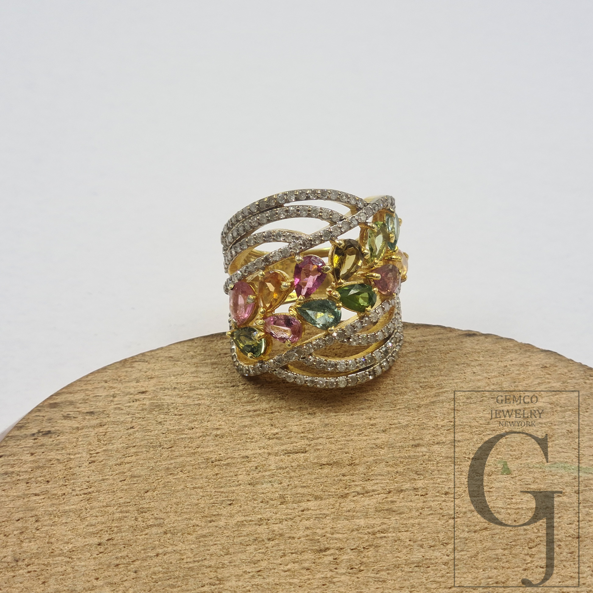 Natural Multi Tourmaline Ring With Rosecut Pave Diamonds - Vermeil Gold In 925 Sterling Silver Handmade Jewelry For Her