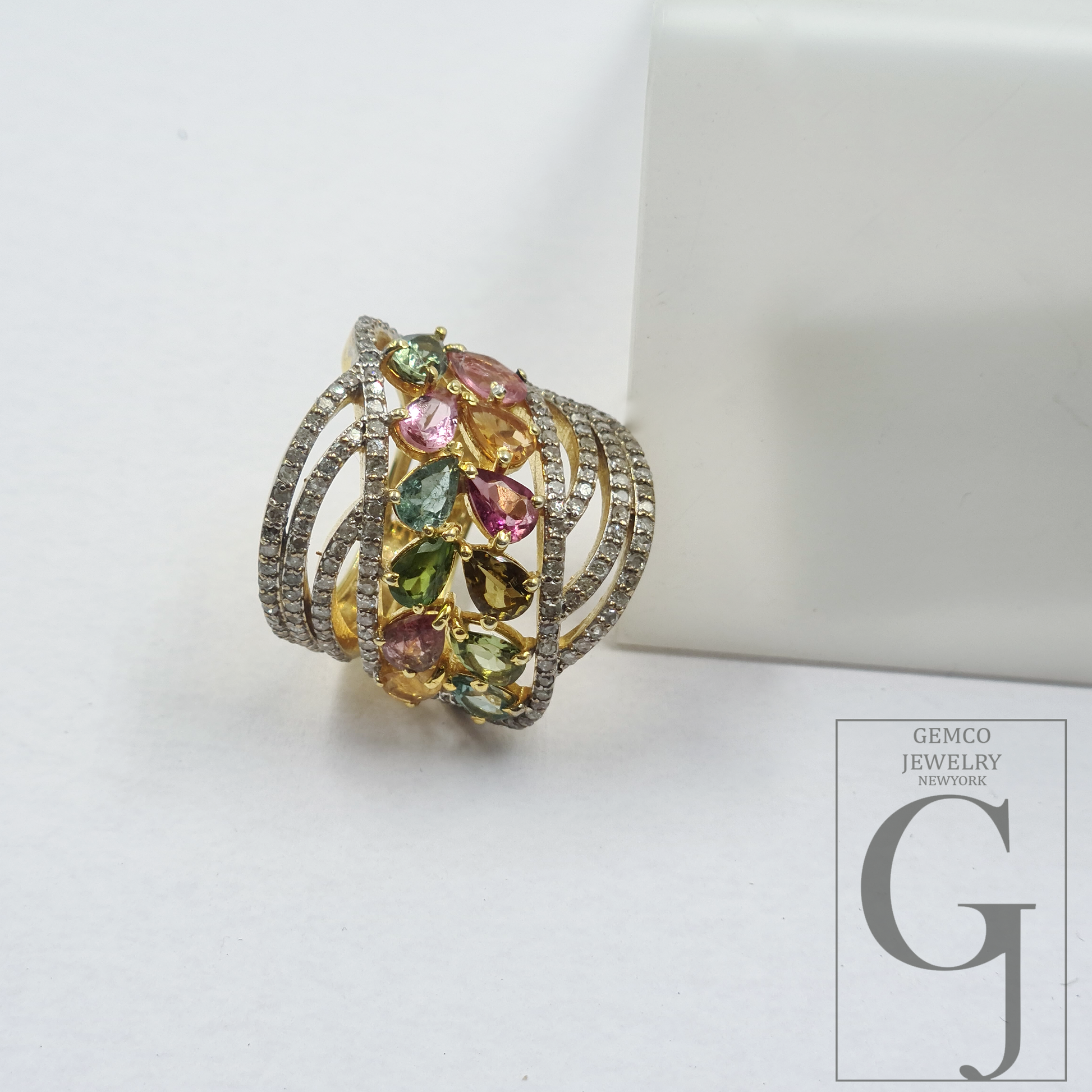 Natural Multi Tourmaline Ring With Rosecut Pave Diamonds - Vermeil Gold In 925 Sterling Silver Handmade Jewelry For Her