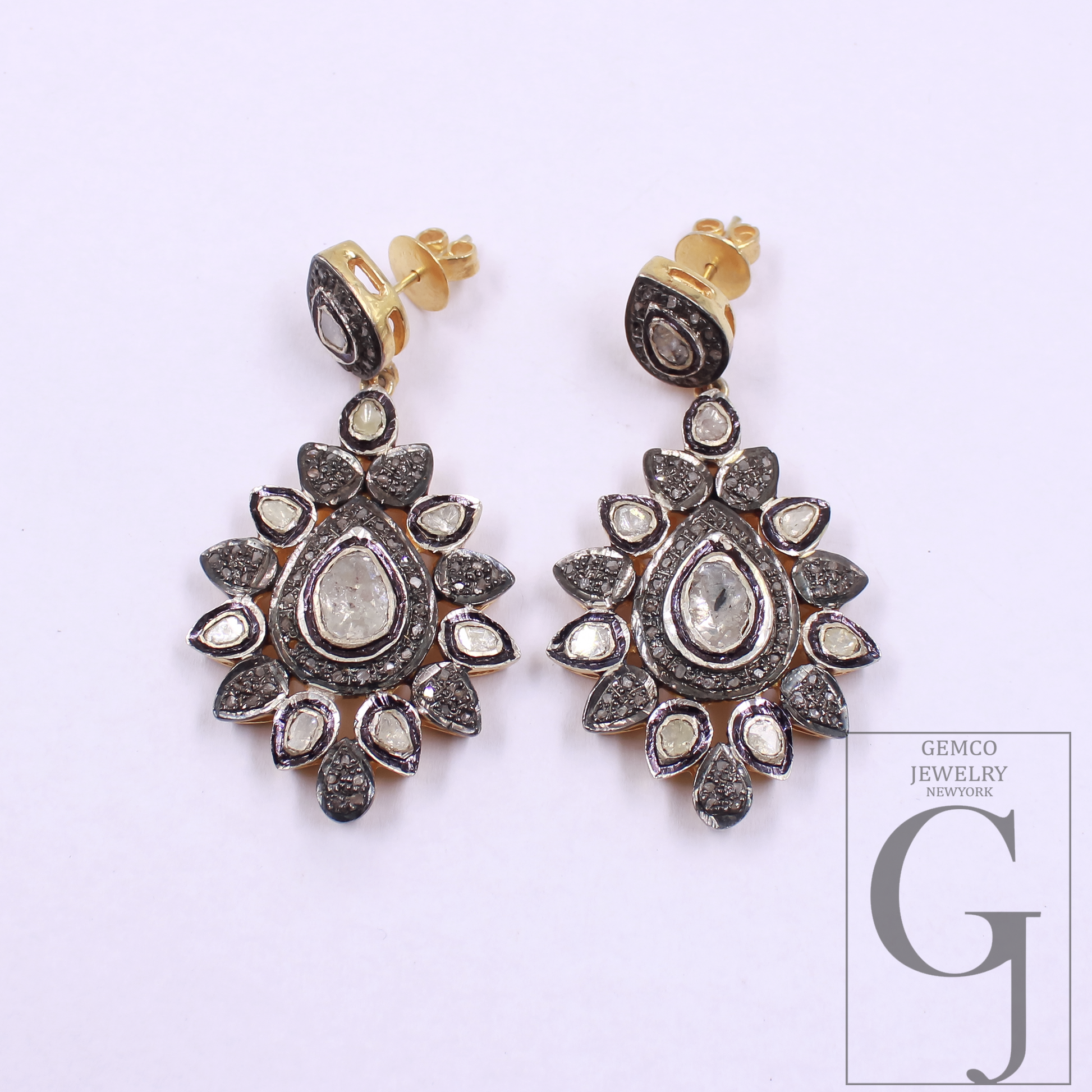 Natural Diamond Earrings With Polki Diamonds - Vermeil Gold In 925 Sterling Silver Handmade Earrings Jewelry For Wedding
