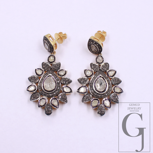 Natural Diamond Earrings With Polki Diamonds - Vermeil Gold In 925 Sterling Silver Handmade Earrings Jewelry For Wedding