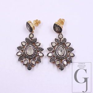Natural Diamond Earrings With Polki Diamonds - Vermeil Gold In 925 Sterling Silver Handmade Earrings Jewelry For Wedding