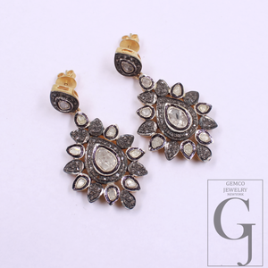 Natural Diamond Earrings With Polki Diamonds - Vermeil Gold In 925 Sterling Silver Handmade Earrings Jewelry For Wedding