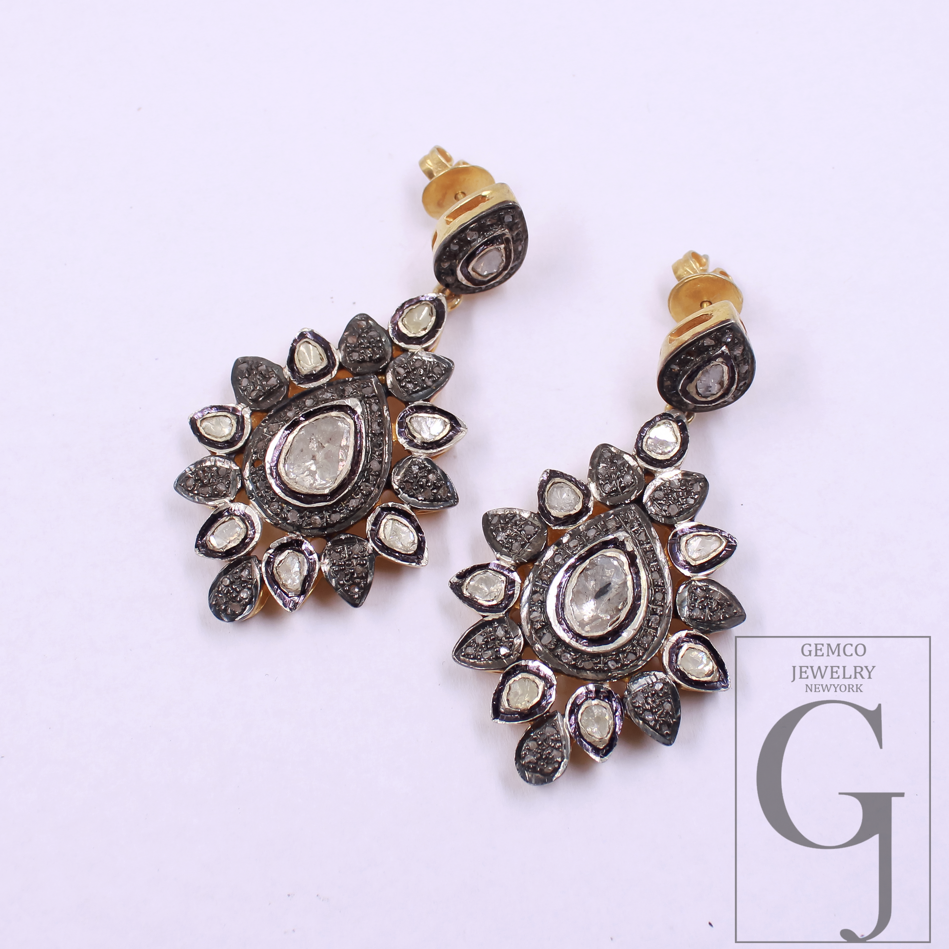 Natural Diamond Earrings With Polki Diamonds - Vermeil Gold In 925 Sterling Silver Handmade Earrings Jewelry For Wedding