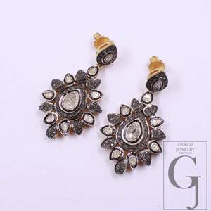 Natural Diamond Earrings With Polki Diamonds - Vermeil Gold In 925 Sterling Silver Handmade Earrings Jewelry For Wedding