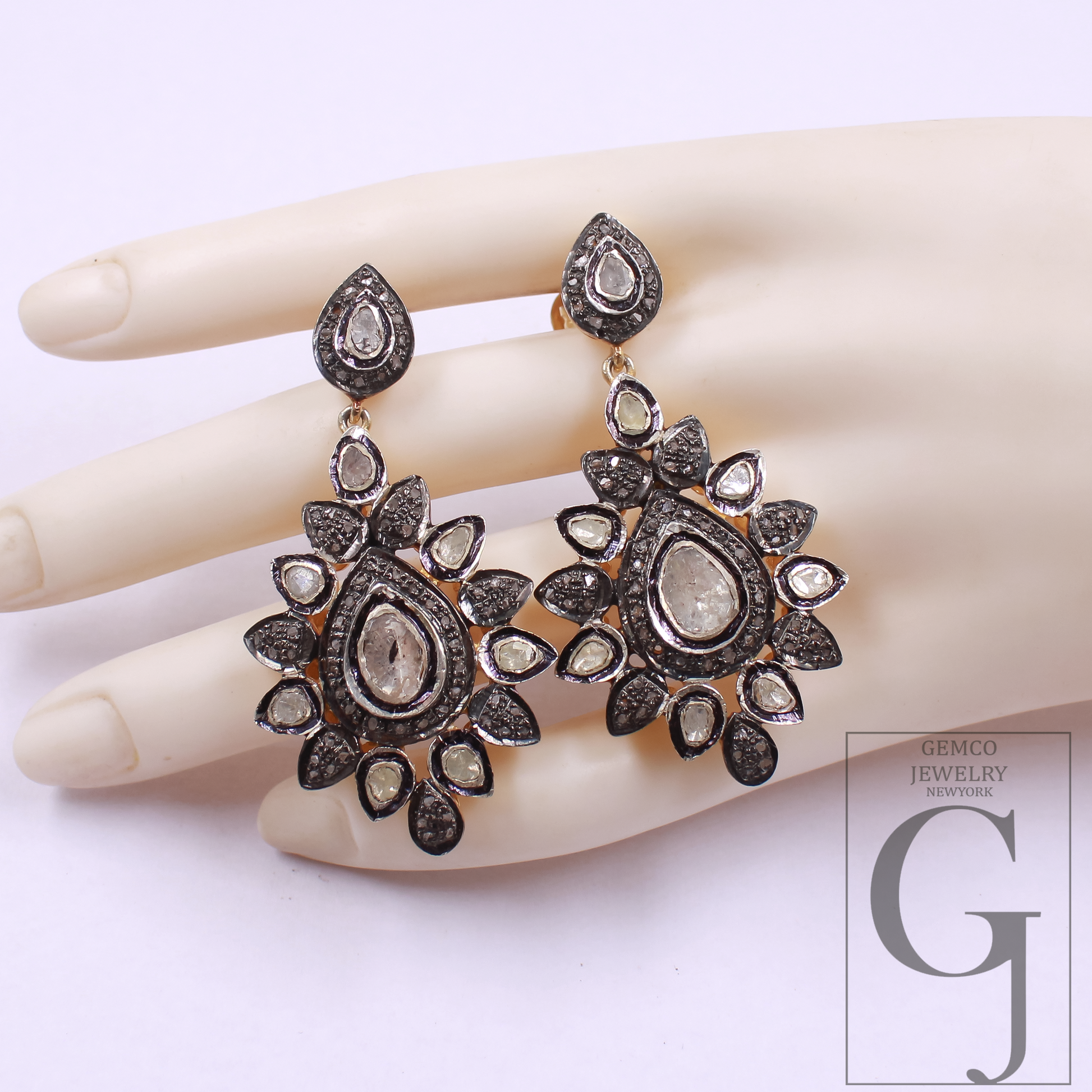 Natural Diamond Earrings With Polki Diamonds - Vermeil Gold In 925 Sterling Silver Handmade Earrings Jewelry For Wedding