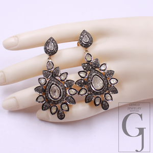 Natural Diamond Earrings With Polki Diamonds - Vermeil Gold In 925 Sterling Silver Handmade Earrings Jewelry For Wedding