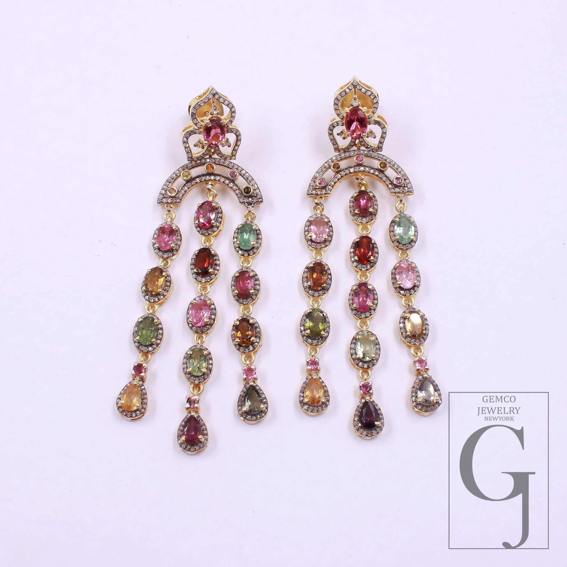 Natural Multi Tourmaline Earrings With Pave Diamonds - Gold Plated In 925 Sterling Silver Handmade Jewelry For Her