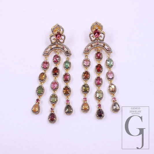 Natural Multi Tourmaline Earrings With Pave Diamonds - Gold Plated In 925 Sterling Silver Handmade Jewelry For Her