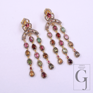 Natural Multi Tourmaline Earrings With Pave Diamonds - Gold Plated In 925 Sterling Silver Handmade Jewelry For Her