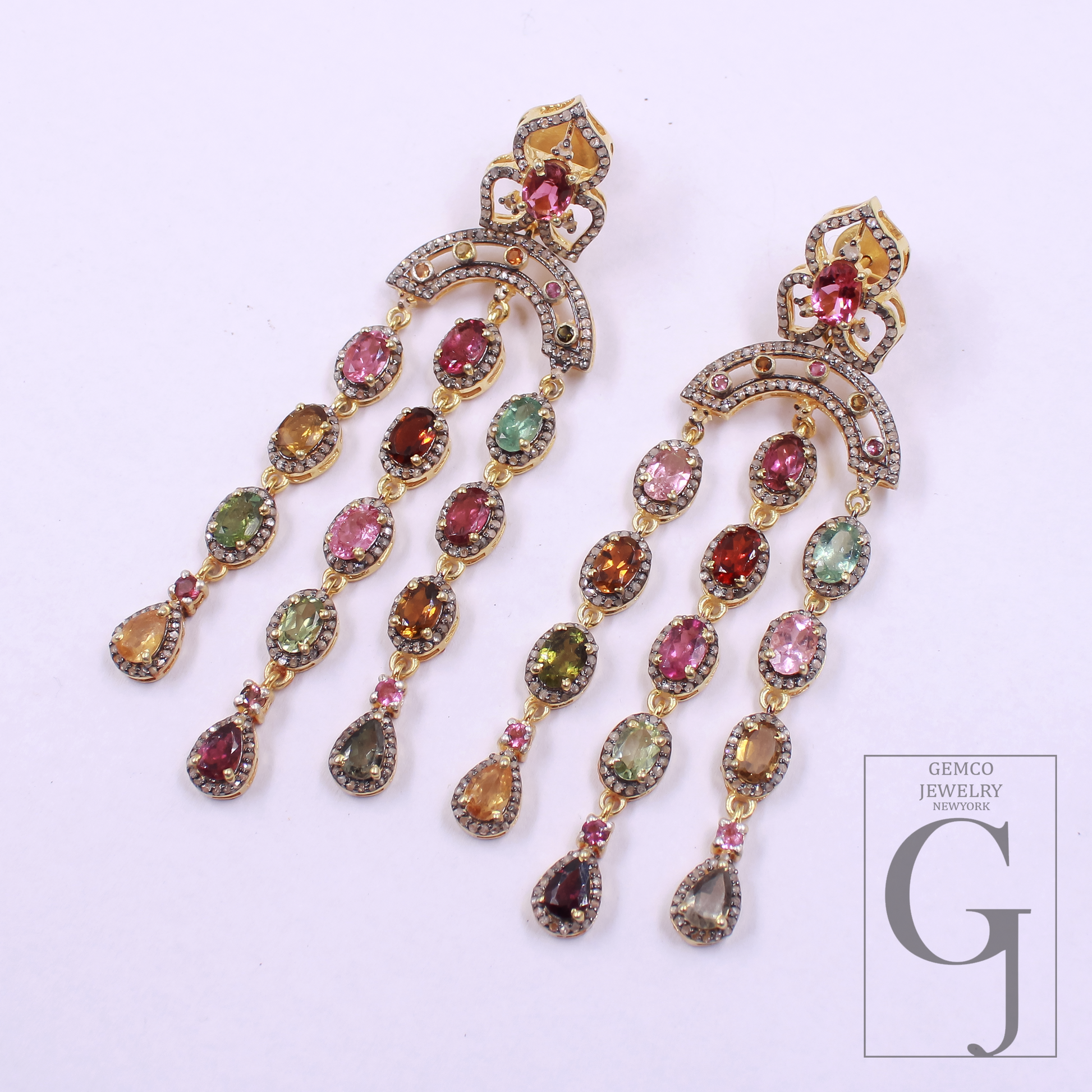 Natural Multi Tourmaline Earrings With Pave Diamonds - Gold Plated In 925 Sterling Silver Handmade Jewelry For Her