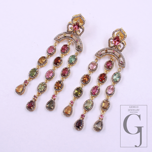 Natural Multi Tourmaline Earrings With Pave Diamonds - Gold Plated In 925 Sterling Silver Handmade Jewelry For Her