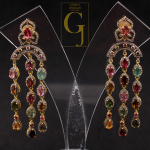 Natural Multi Tourmaline Earrings With Pave Diamonds - Gold Plated In 925 Sterling Silver Handmade Jewelry For Her