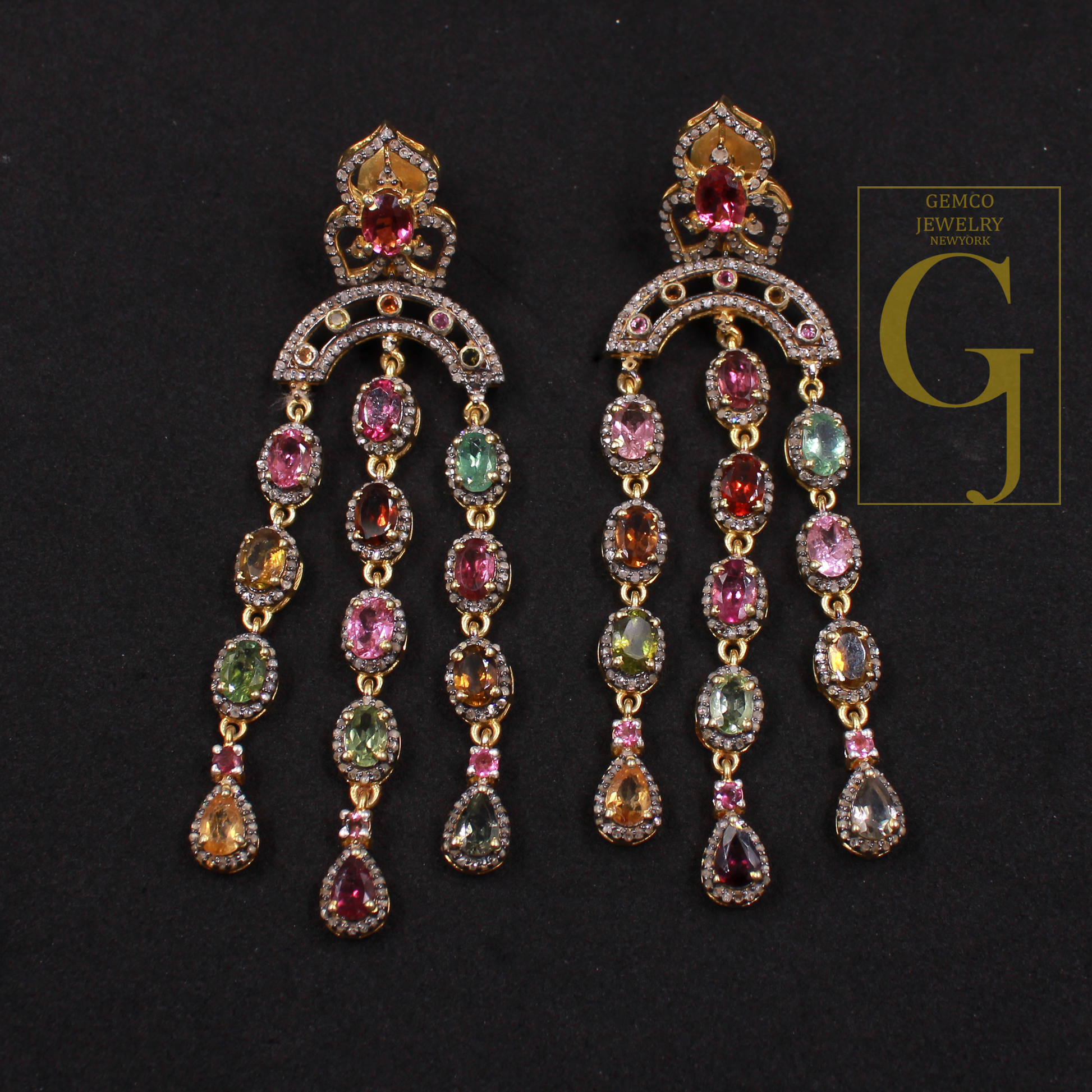 Natural Multi Tourmaline Earrings With Pave Diamonds - Gold Plated In 925 Sterling Silver Handmade Jewelry For Her