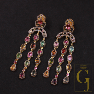 Natural Multi Tourmaline Earrings With Pave Diamonds - Gold Plated In 925 Sterling Silver Handmade Jewelry For Her