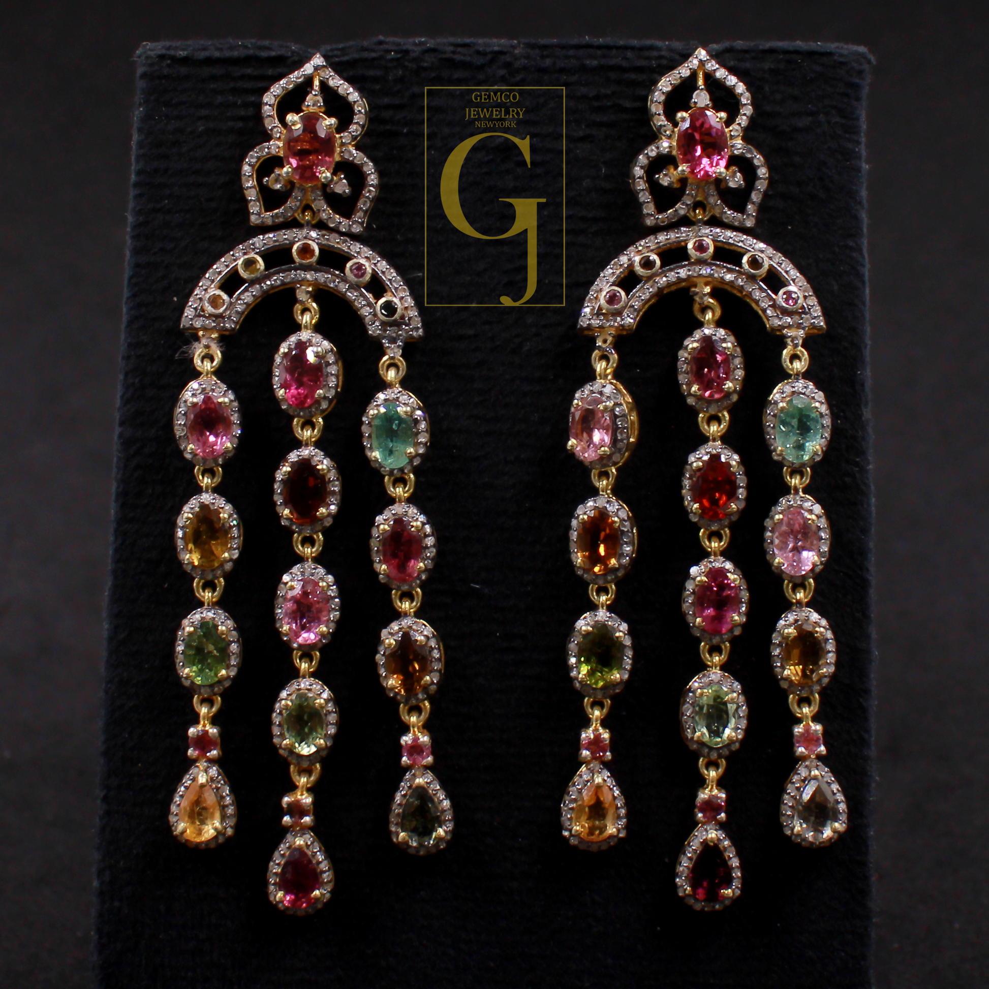 Natural Multi Tourmaline Earrings With Pave Diamonds - Gold Plated In 925 Sterling Silver Handmade Jewelry For Her