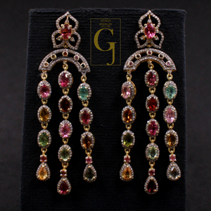 Natural Multi Tourmaline Earrings With Pave Diamonds - Gold Plated In 925 Sterling Silver Handmade Jewelry For Her