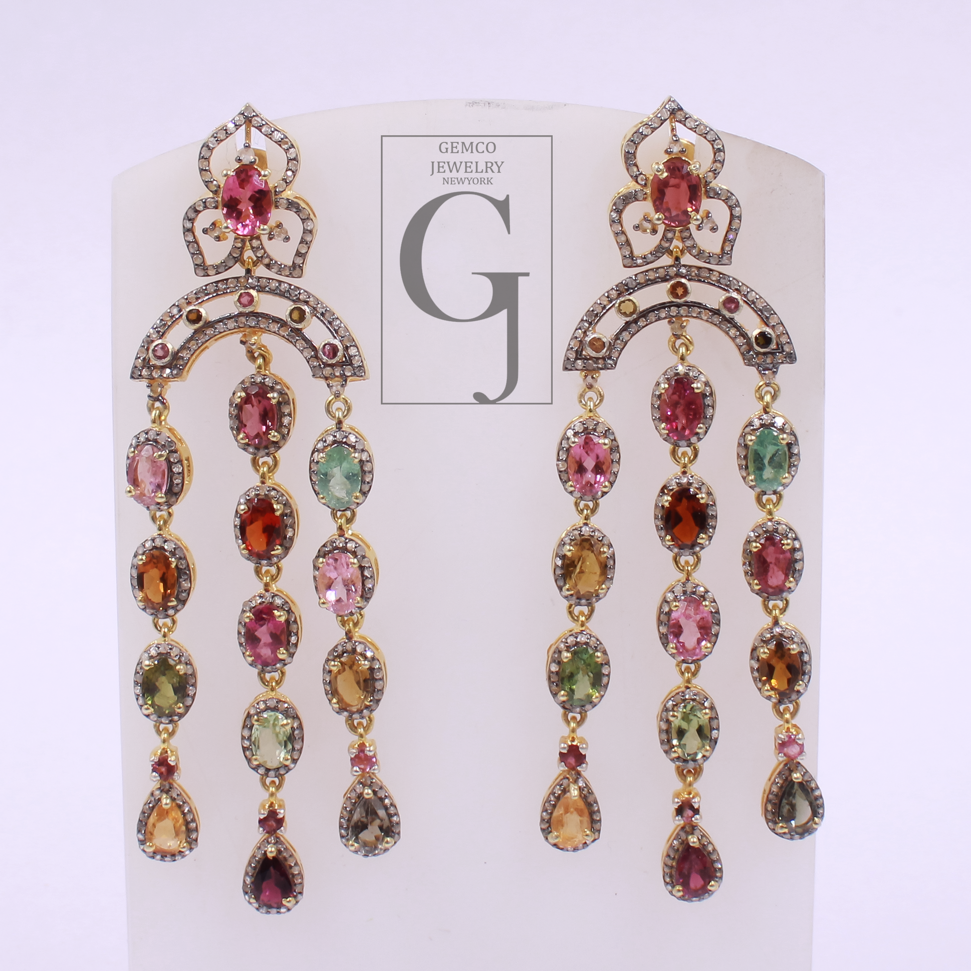 Natural Multi Tourmaline Earrings With Pave Diamonds - Gold Plated In 925 Sterling Silver Handmade Jewelry For Her