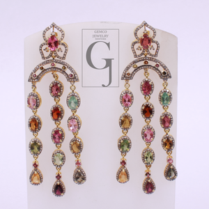 Natural Multi Tourmaline Earrings With Pave Diamonds - Gold Plated In 925 Sterling Silver Handmade Jewelry For Her