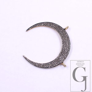 Crescent Moon Pendant With Pave Rosecut Diamonds - Vermeil Gold 925 Sterling Silver Handmade Jewelry For Her