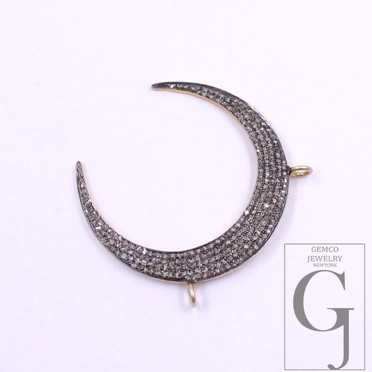 Crescent Moon Pendant With Pave Rosecut Diamonds - Vermeil Gold 925 Sterling Silver Handmade Jewelry For Her