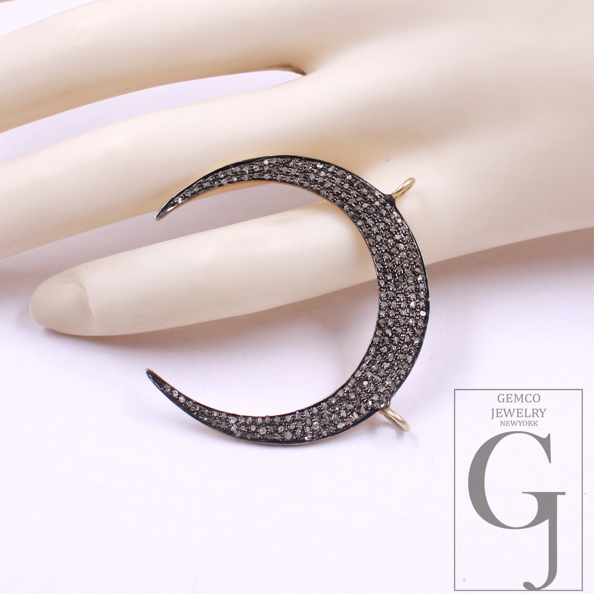 Crescent Moon Pendant With Pave Rosecut Diamonds - Vermeil Gold 925 Sterling Silver Handmade Jewelry For Her