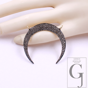 Crescent Moon Pendant With Pave Rosecut Diamonds - Vermeil Gold 925 Sterling Silver Handmade Jewelry For Her