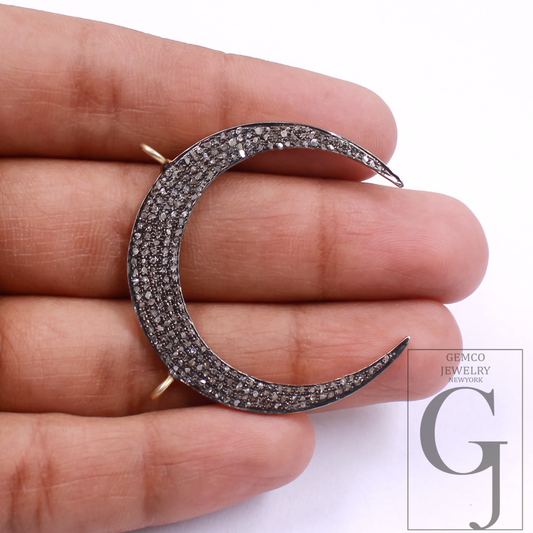 Crescent Moon Pendant With Pave Rosecut Diamonds - Vermeil Gold 925 Sterling Silver Handmade Jewelry For Her