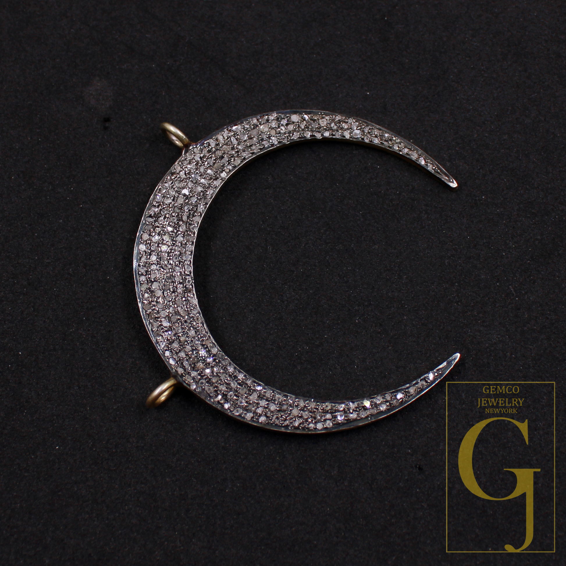 Crescent Moon Pendant With Pave Rosecut Diamonds - Vermeil Gold 925 Sterling Silver Handmade Jewelry For Her