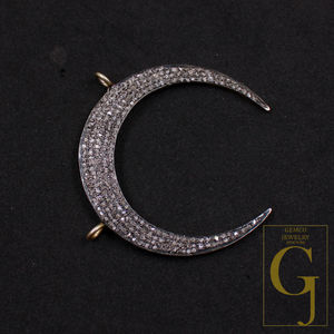 Crescent Moon Pendant With Pave Rosecut Diamonds - Vermeil Gold 925 Sterling Silver Handmade Jewelry For Her
