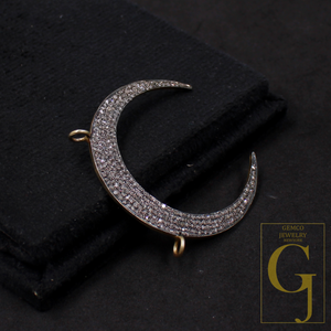 Crescent Moon Pendant With Pave Rosecut Diamonds - Vermeil Gold 925 Sterling Silver Handmade Jewelry For Her