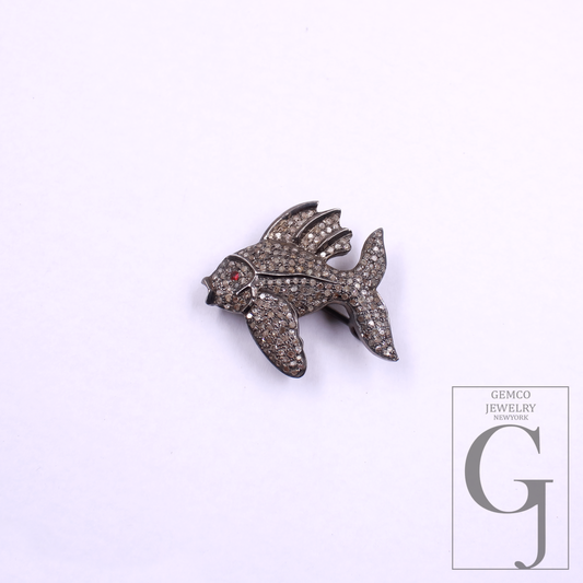 Beautiful Fish Pendant With Rosecut Pave Diamonds In 925 Sterling Silver Handmade Pendant Gift For Her