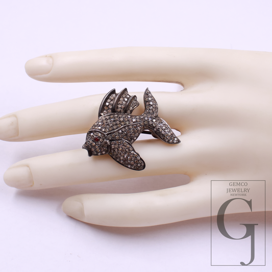 Beautiful Fish Pendant With Rosecut Pave Diamonds In 925 Sterling Silver Handmade Pendant Gift For Her