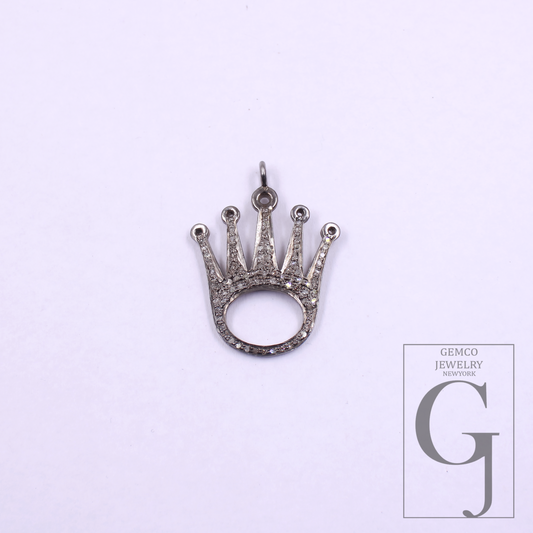 Crown Pendant With Natural Rosecut Diamonds In 925 Sterling Silver Handmade Finish Gift For Her