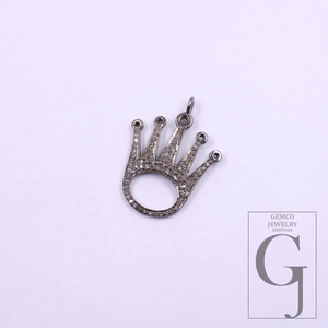 Crown Pendant With Natural Rosecut Diamonds In 925 Sterling Silver Handmade Finish Gift For Her