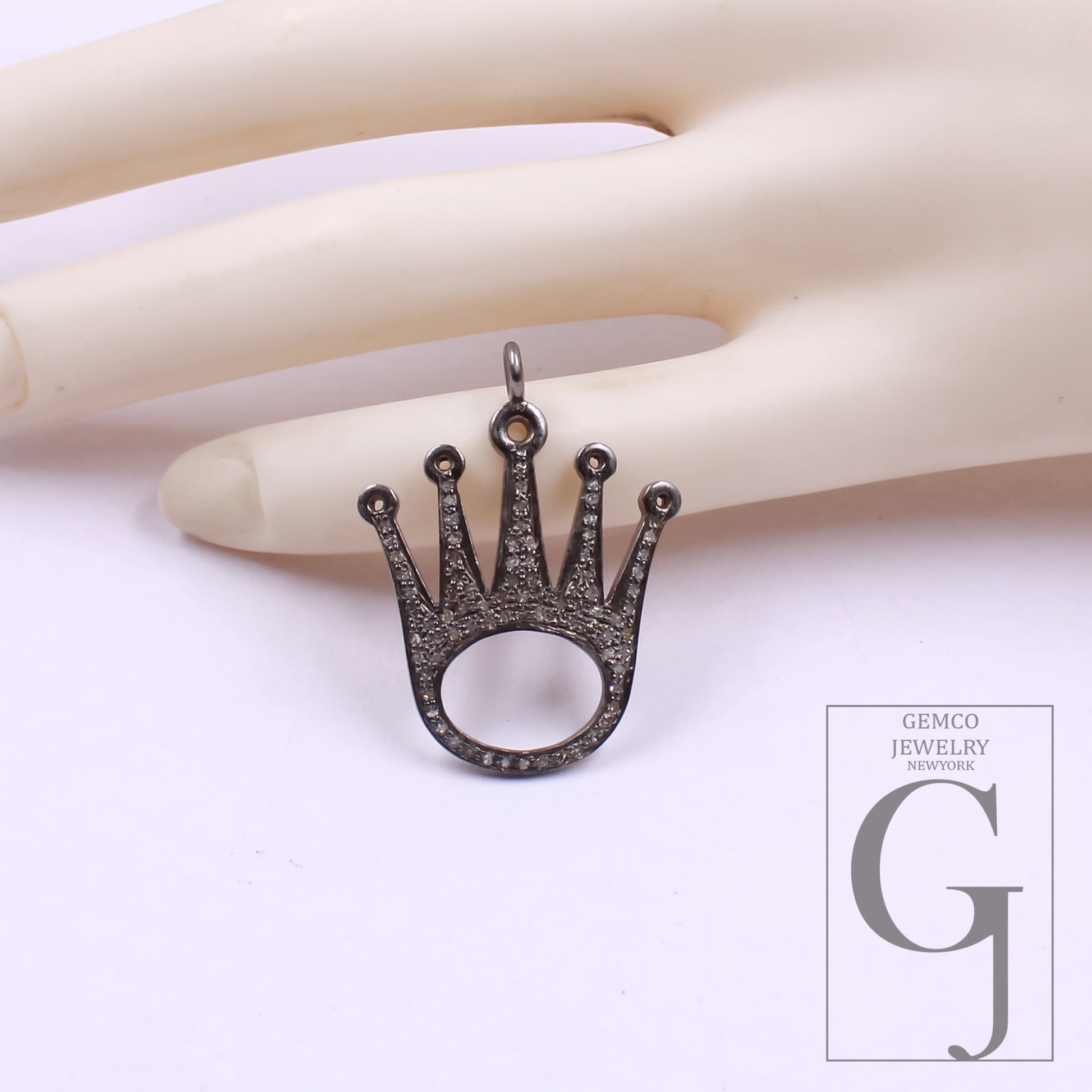 Crown Pendant With Natural Rosecut Diamonds In 925 Sterling Silver Handmade Finish Gift For Her