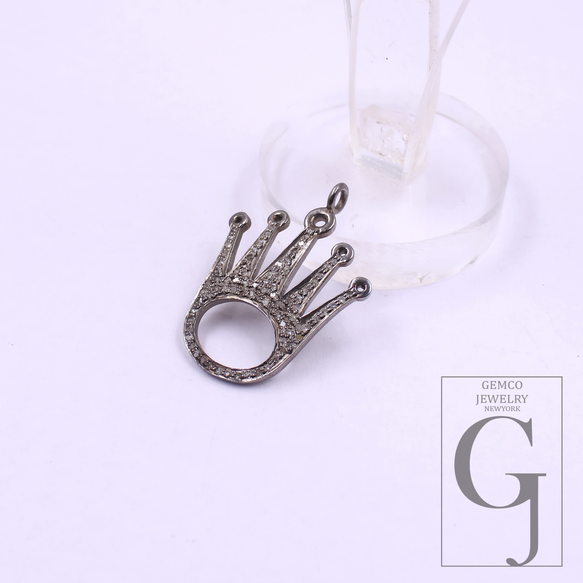 Crown Pendant With Natural Rosecut Diamonds In 925 Sterling Silver Handmade Finish Gift For Her