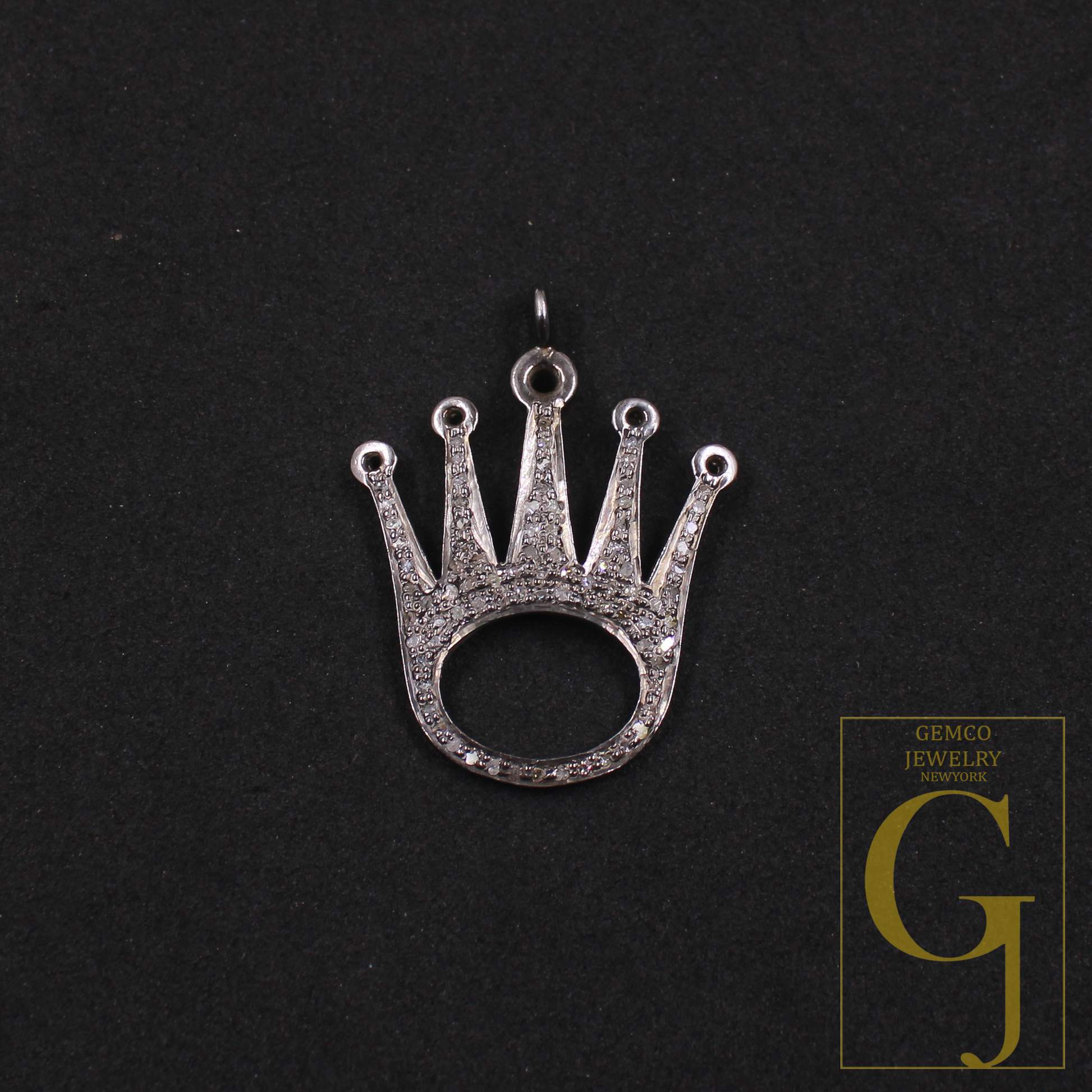 Crown Pendant With Natural Rosecut Diamonds In 925 Sterling Silver Handmade Finish Gift For Her