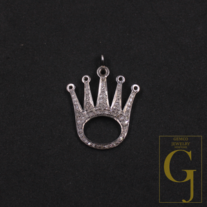Crown Pendant With Natural Rosecut Diamonds In 925 Sterling Silver Handmade Finish Gift For Her
