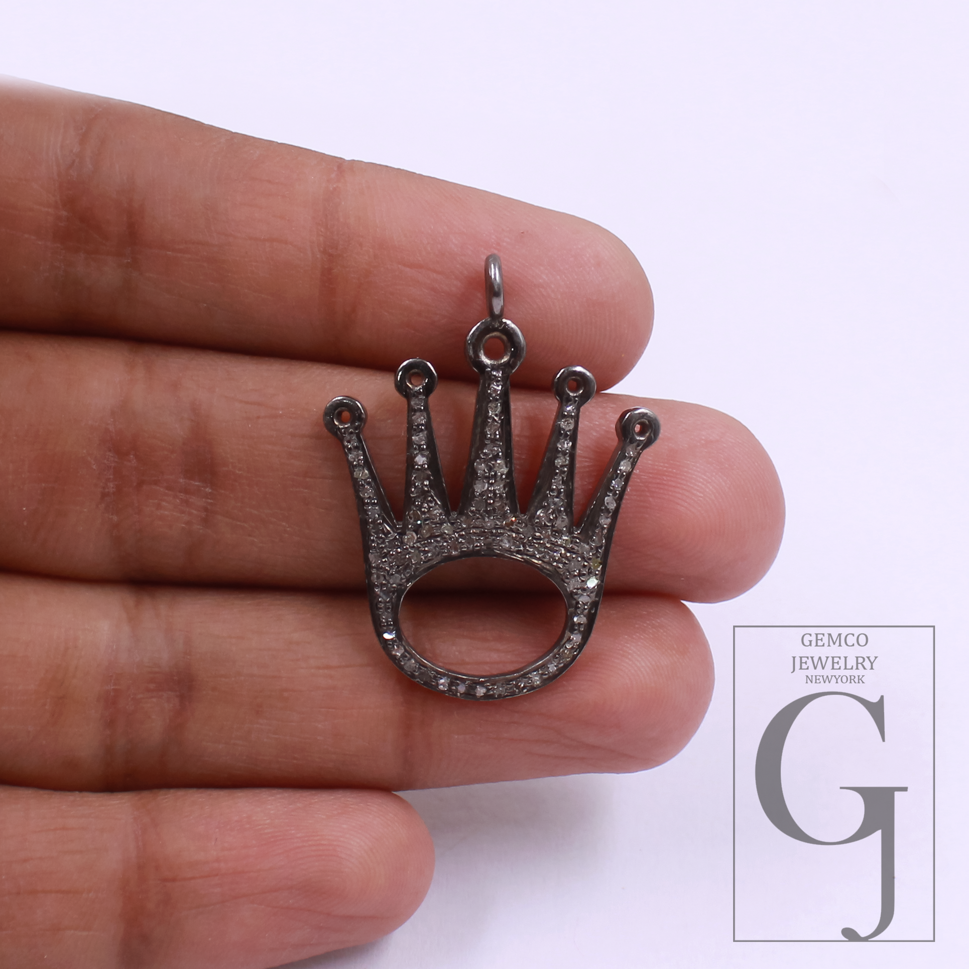 Crown Pendant With Natural Rosecut Diamonds In 925 Sterling Silver Handmade Finish Gift For Her