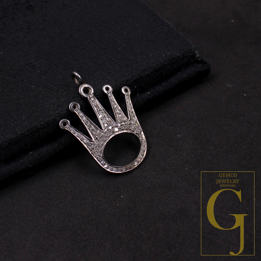 Crown Pendant With Natural Rosecut Diamonds In 925 Sterling Silver Handmade Finish Gift For Her