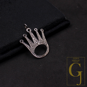 Crown Pendant With Natural Rosecut Diamonds In 925 Sterling Silver Handmade Finish Gift For Her