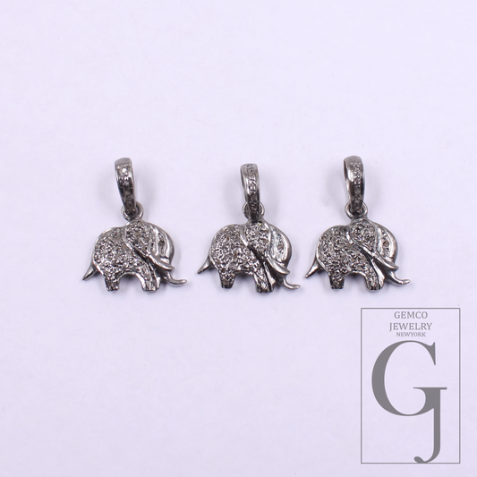 Elephant Pendant With Rosecut Pave Diamonds In 925 Sterling Silver Handmade Finish Animal Pendant
