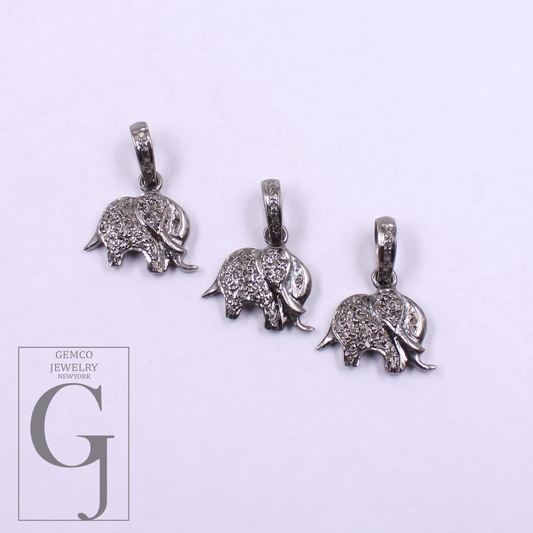 Elephant Pendant With Rosecut Pave Diamonds In 925 Sterling Silver Handmade Finish Animal Pendant