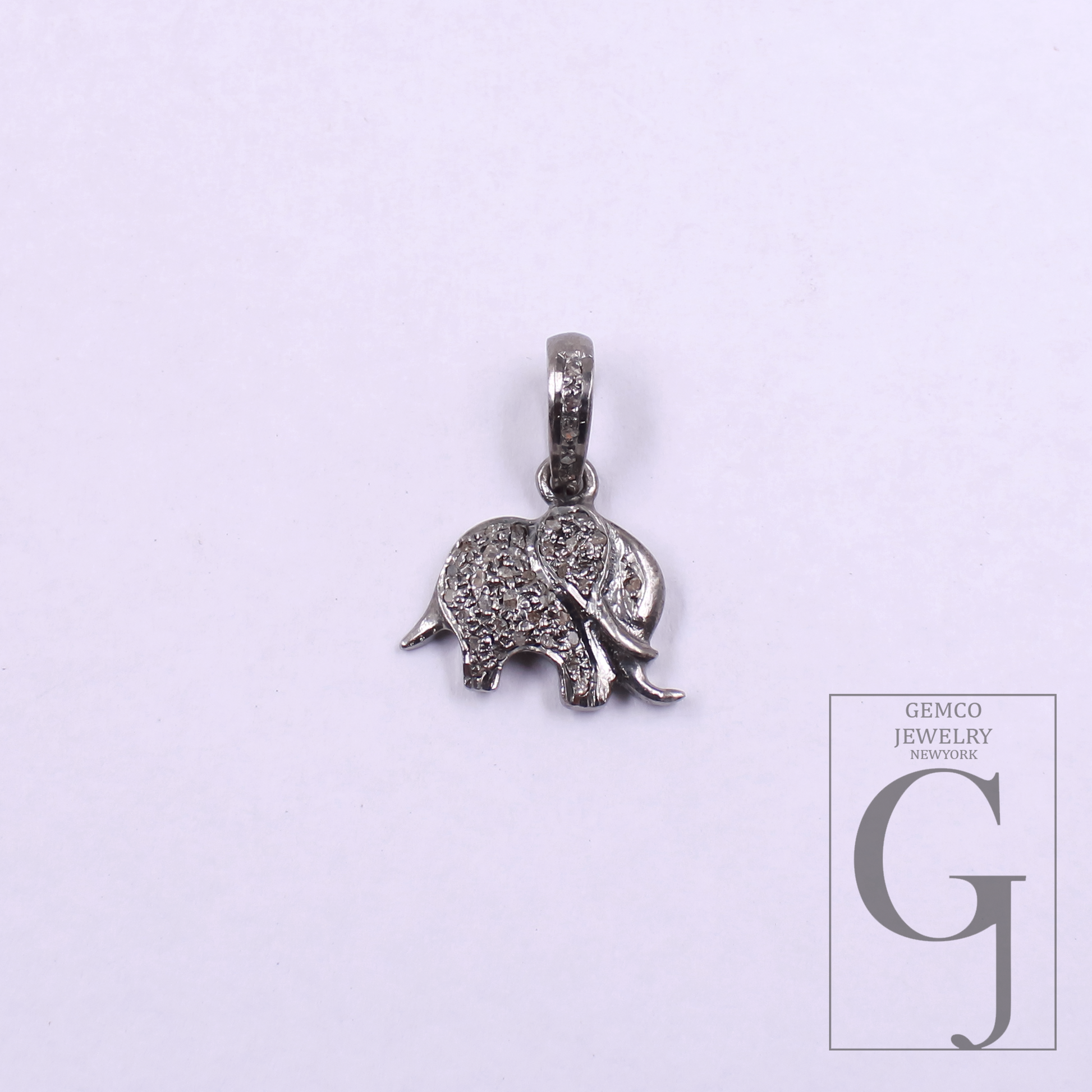 Elephant Pendant With Rosecut Pave Diamonds In 925 Sterling Silver Handmade Finish Animal Pendant