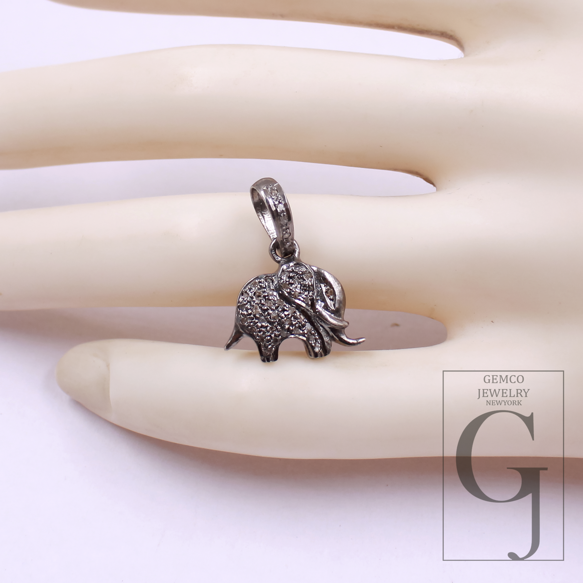 Elephant Pendant With Rosecut Pave Diamonds In 925 Sterling Silver Handmade Finish Animal Pendant
