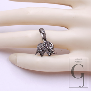 Elephant Pendant With Rosecut Pave Diamonds In 925 Sterling Silver Handmade Finish Animal Pendant