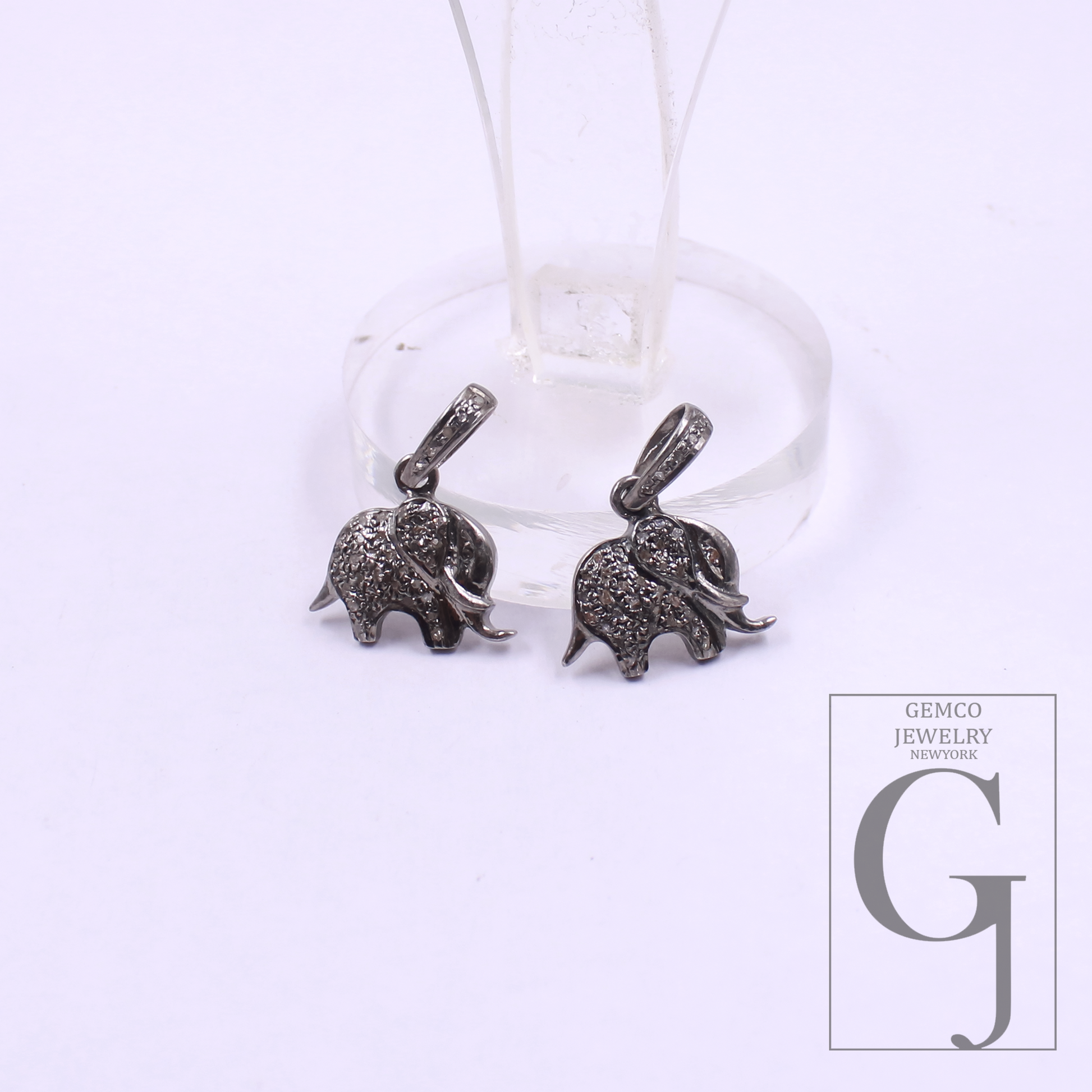 Elephant Pendant With Rosecut Pave Diamonds In 925 Sterling Silver Handmade Finish Animal Pendant